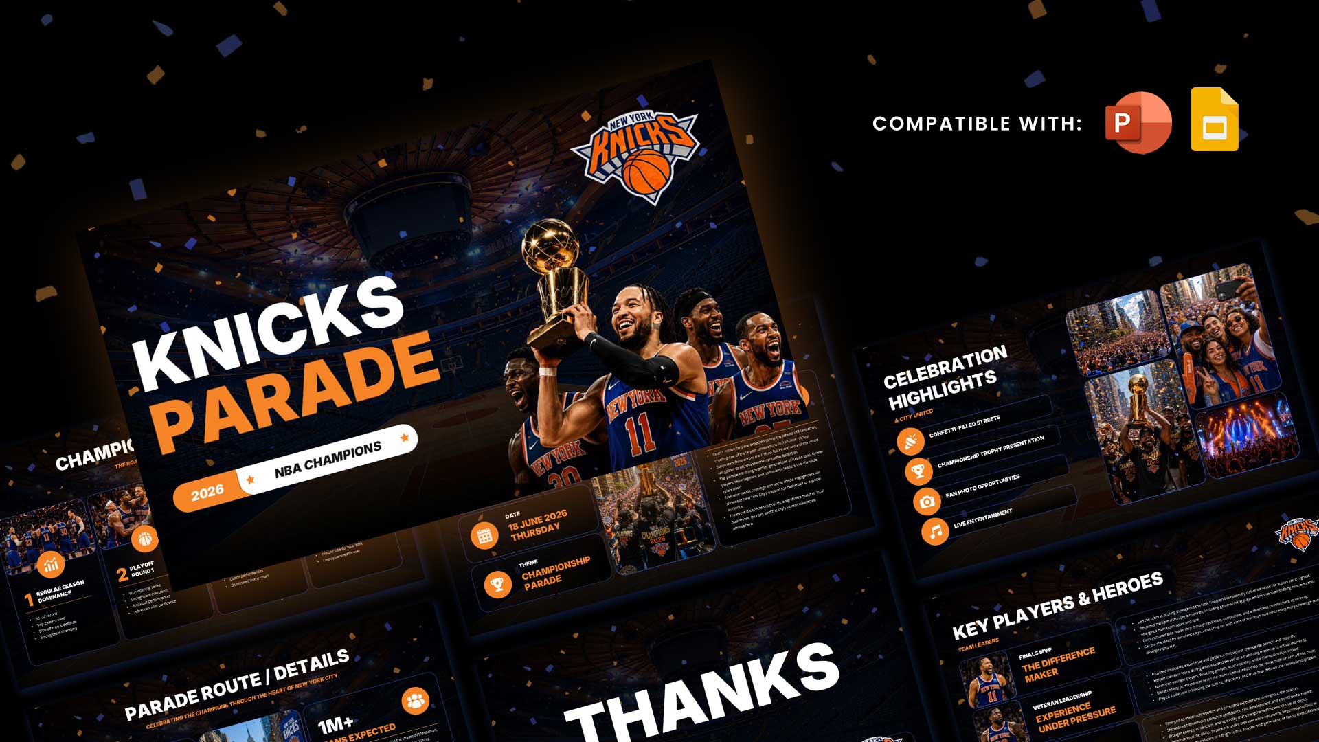 Knicks Parade Template - Overview slide showcasing championship celebration presentation with multiple slide previews