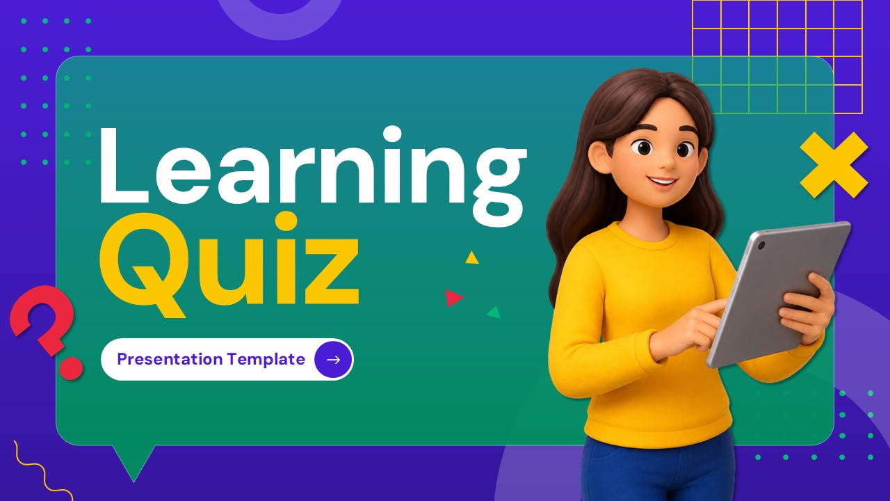 Learning Quiz Google Slides Template - Quiz Overview slide with 3D character, teal card, and four feature bullet points