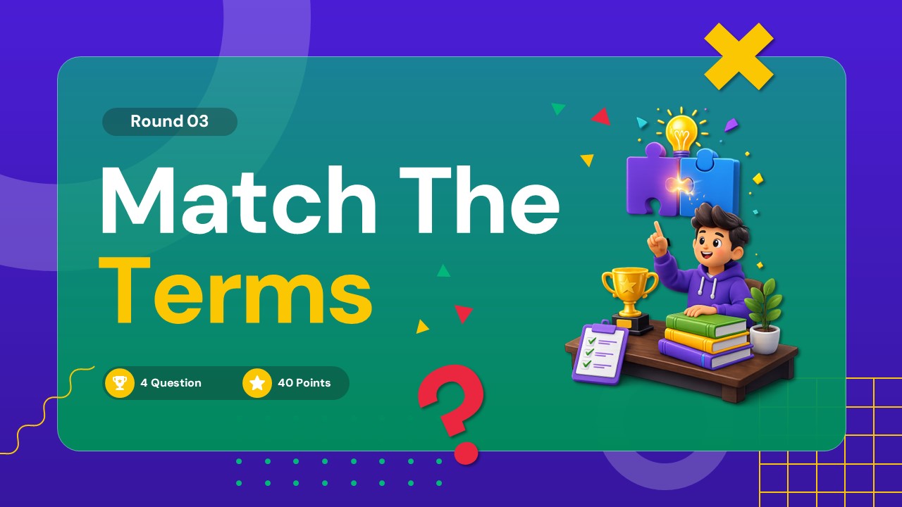 Learning Quiz Match the Terms Round Template - Round 03 section divider with 3D puzzle character and score badges