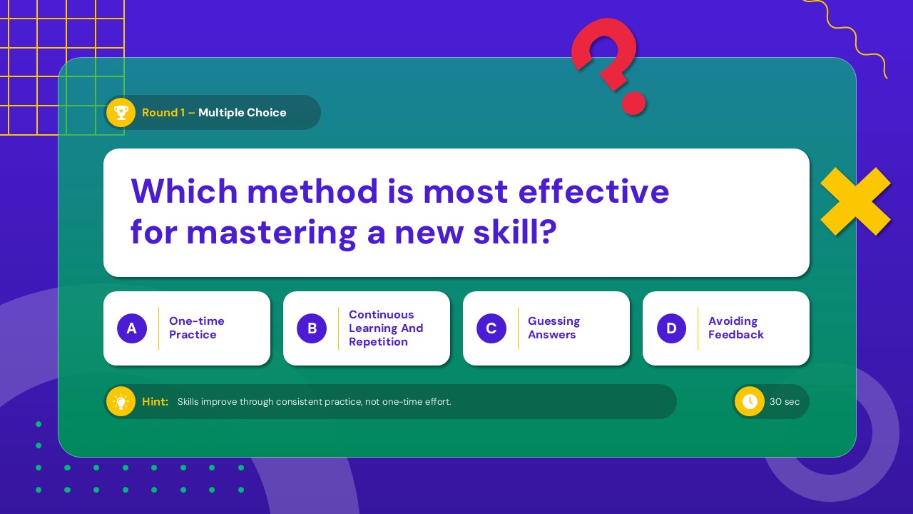 Learning Quiz Multiple Choice Question Template - four answer options A–D, hint bar, and 30-second timer on purple background