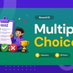 Learning Quiz Multiple Choice Round Template - Round 01 section divider slide with 3D character and score badges