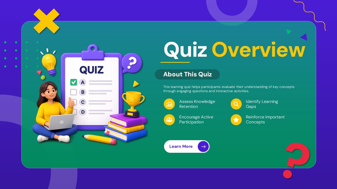 Learning Quiz Rules Template - How to Play slide with five numbered rules in a 2x3 grid and 3D clipboard illustration