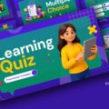 Learning Quiz Template - 3D banner showcasing multiple slide types on deep purple background with cartoon character