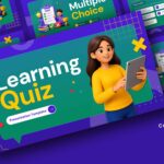 Learning Quiz Template - 3D banner showcasing multiple slide types on deep purple background with cartoon character