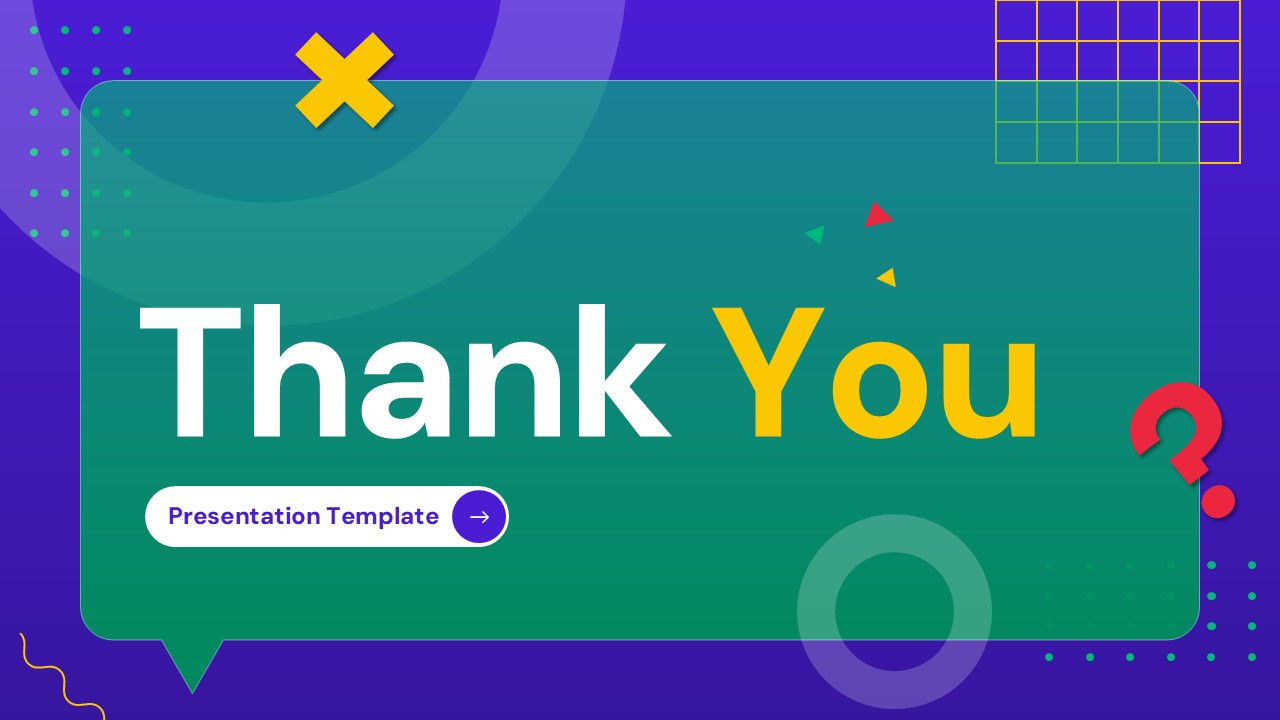 Learning Quiz Thank You Template - closing slide with bold Thank You text in white and yellow on deep purple background