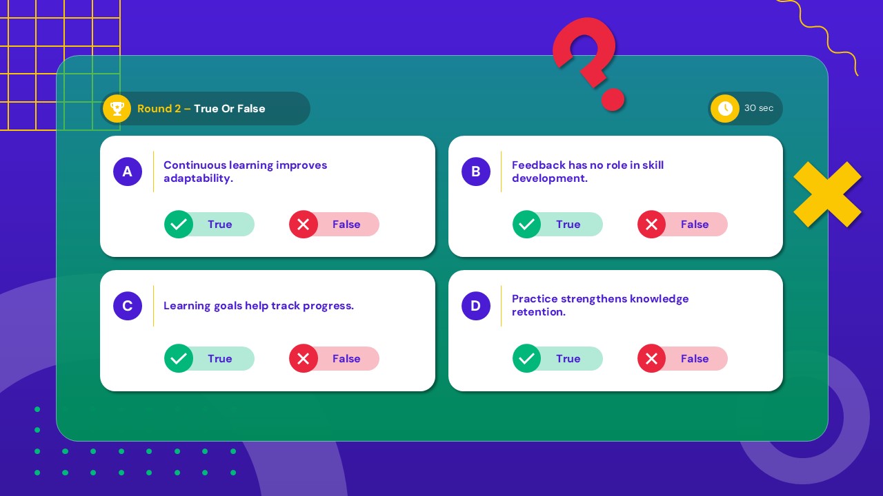Learning Quiz True or False Question Template - 2x2 grid of four statements with green True and red False buttons