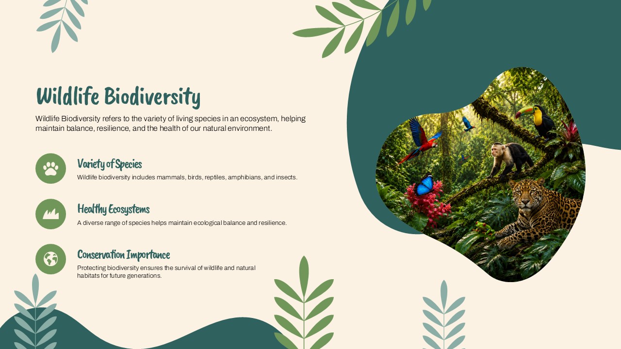 Wildlife Biodiversity Template - jungle waterfall photo in blob frame beside a five-item numbered food chain list on cream