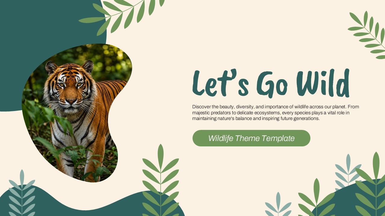 Wildlife Theme Google Slides Template - two-column slide with monkey photo, teal headings, body text, and olive CTA button