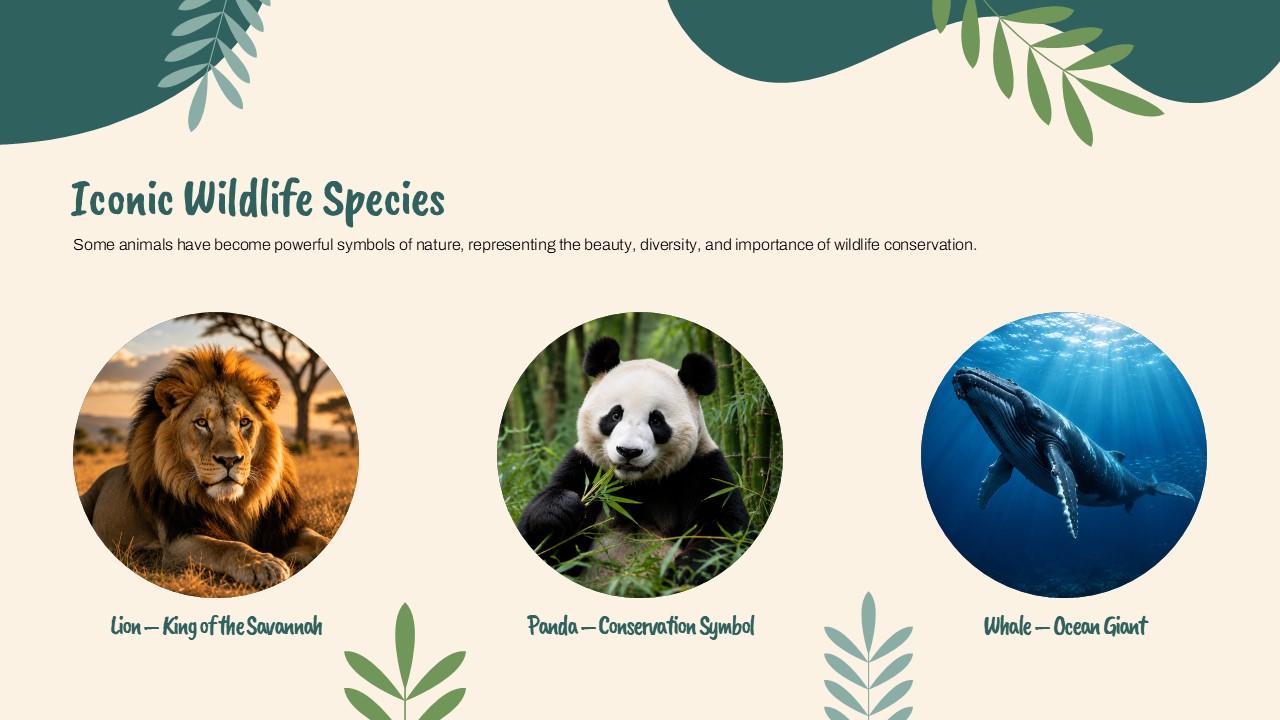 Iconic Wildlife Species Template - biodiversity blob photo on teal right panel beside three olive icon-list items on cream