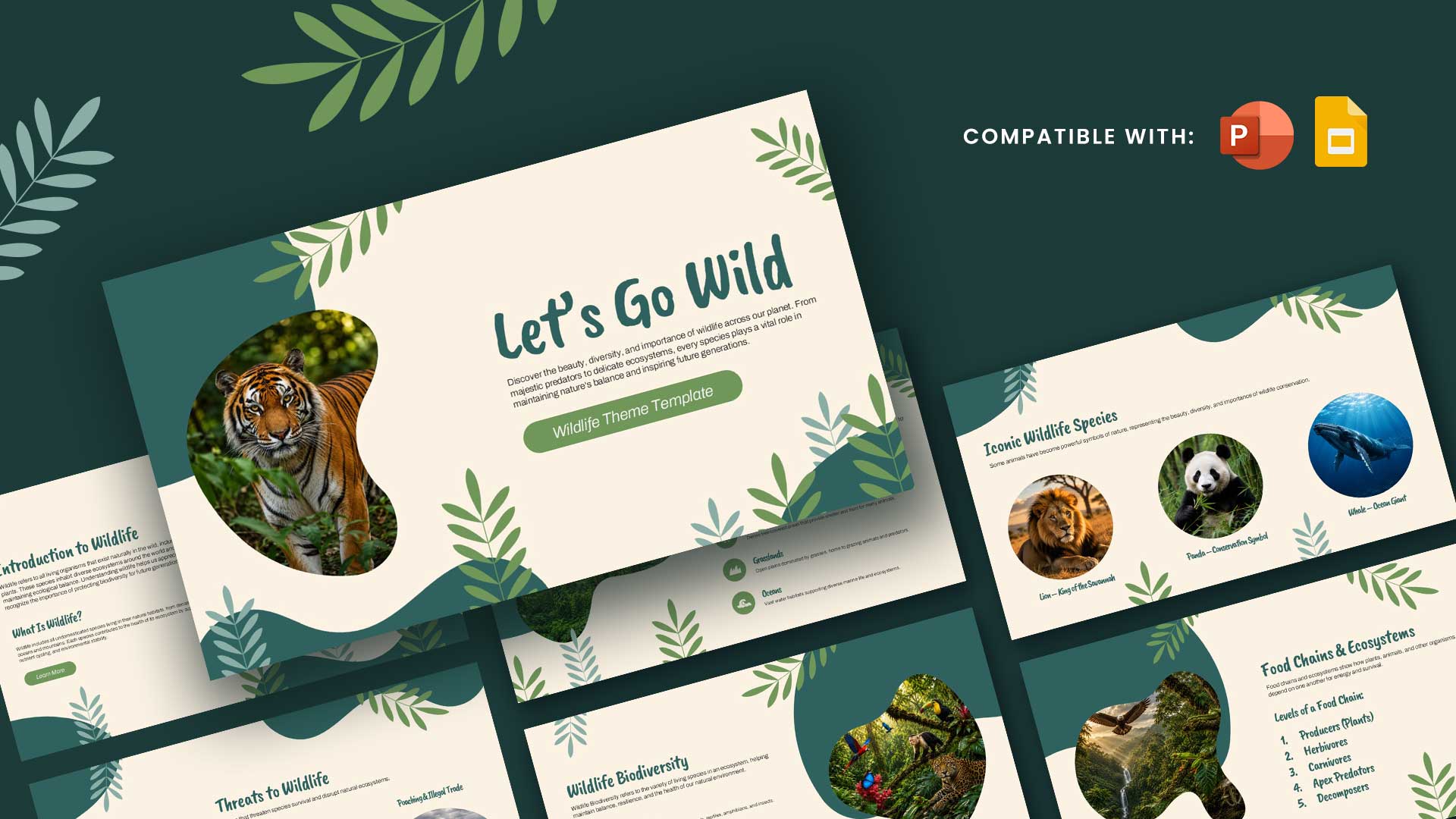 Let's Go Wild Wildlife Theme Template - cream cover slide with tiger photo in organic blob frame and botanical leaf accents