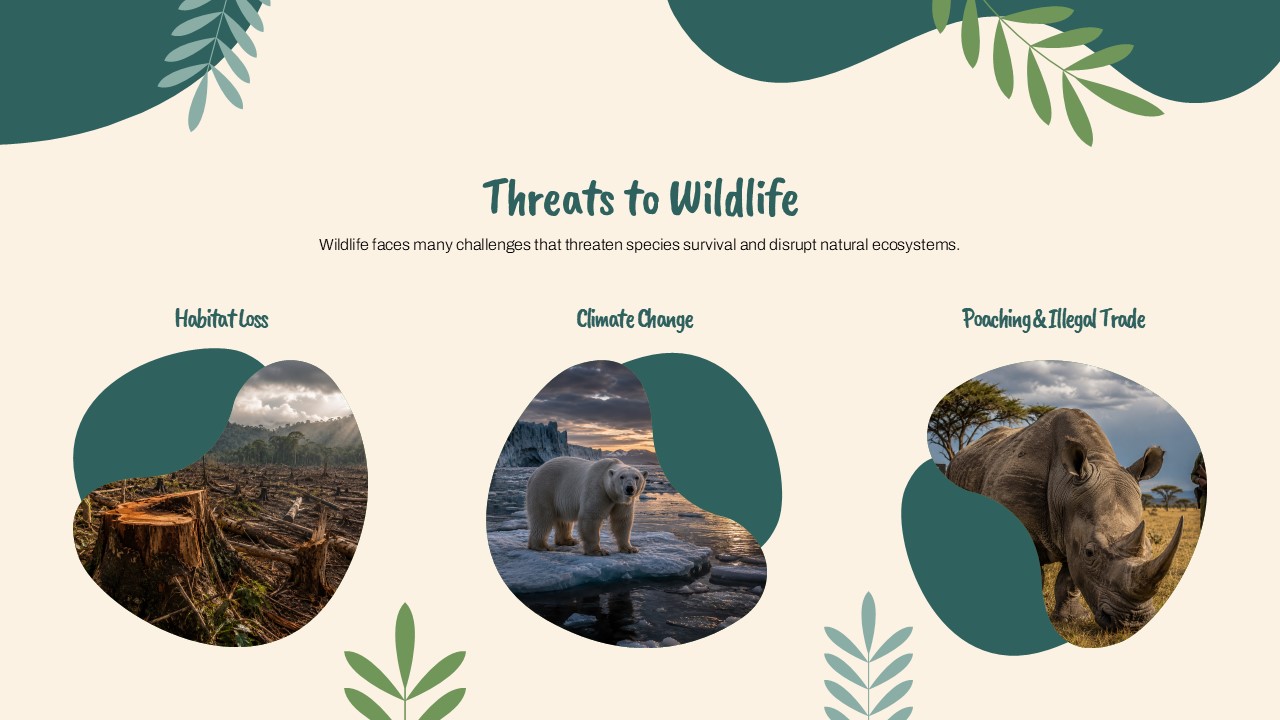 Threats to Wildlife Template - dark teal slide with grouped bar chart showing conservation impact across four initiatives
