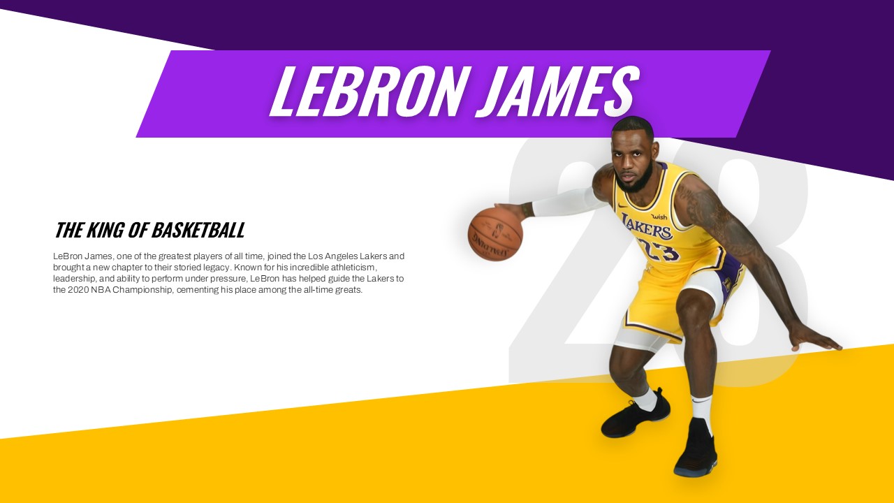 Lakers Template - Player spotlight slide to showcase LeBron James achievements and basketball career