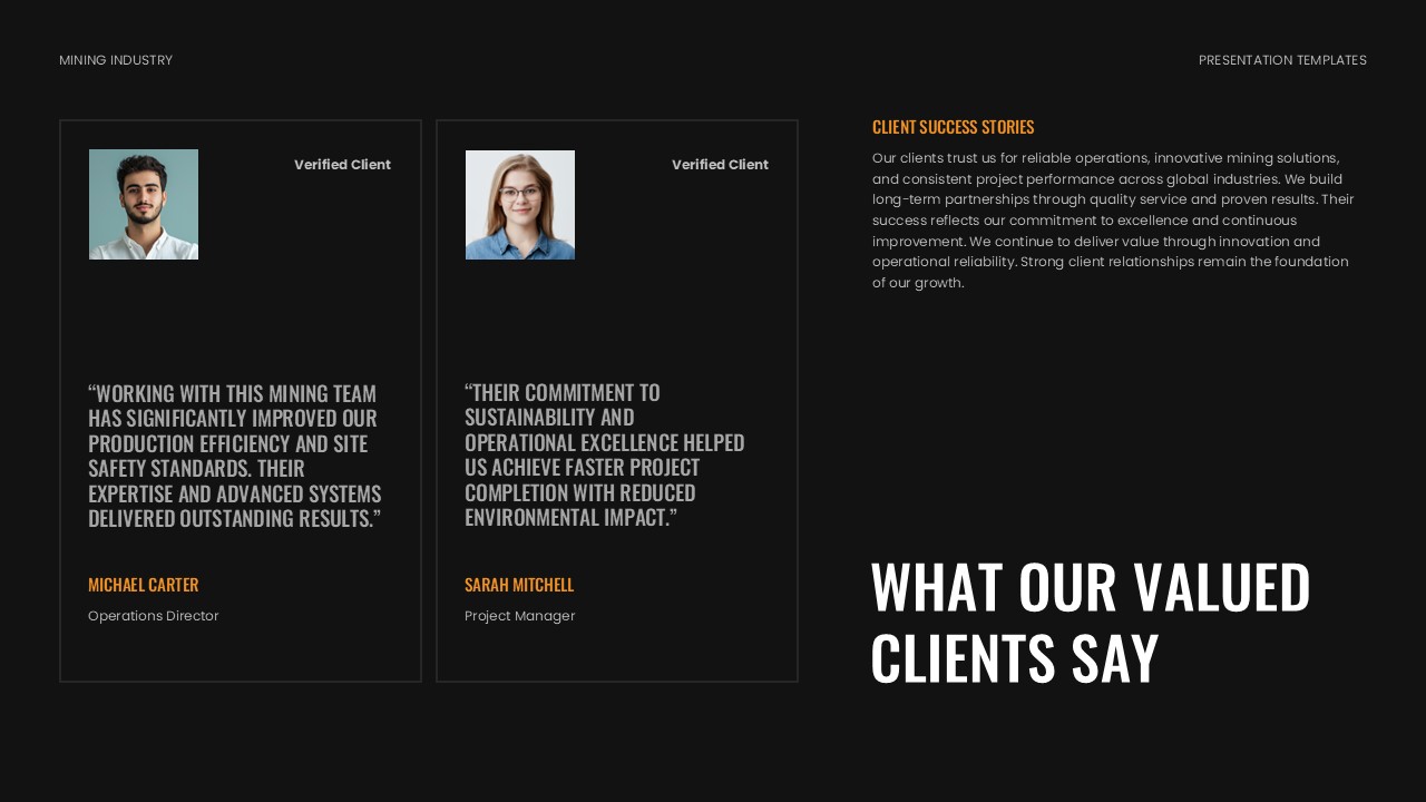 Mining Template - Client testimonials with verified badges