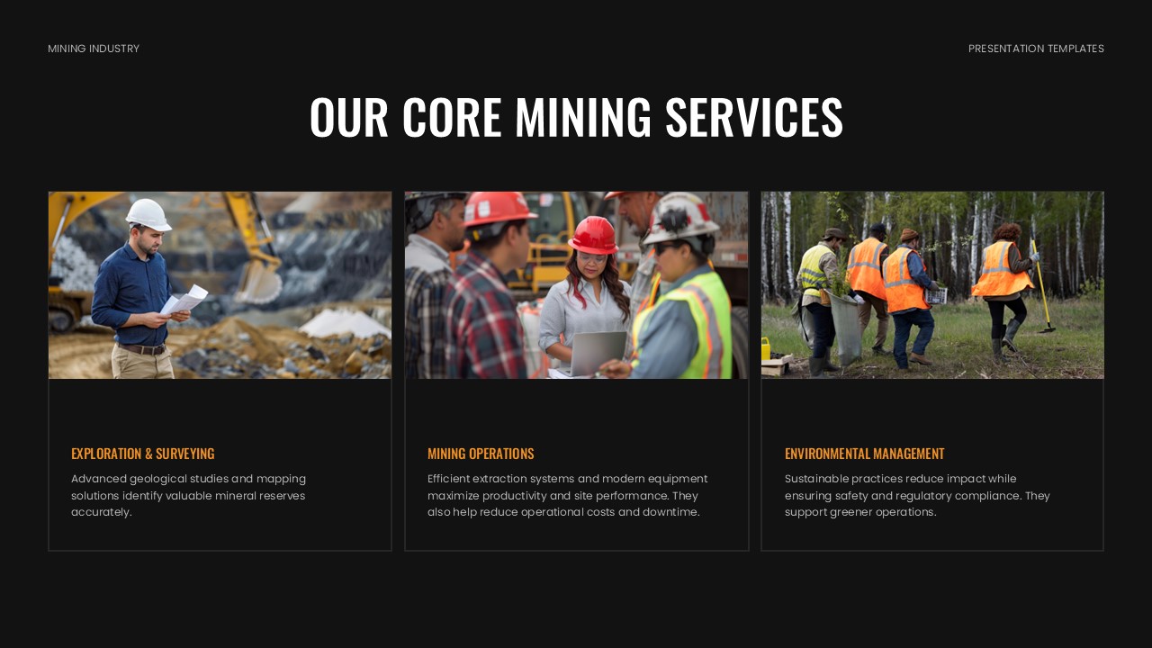 Mining Template - Core services grid with three categories
