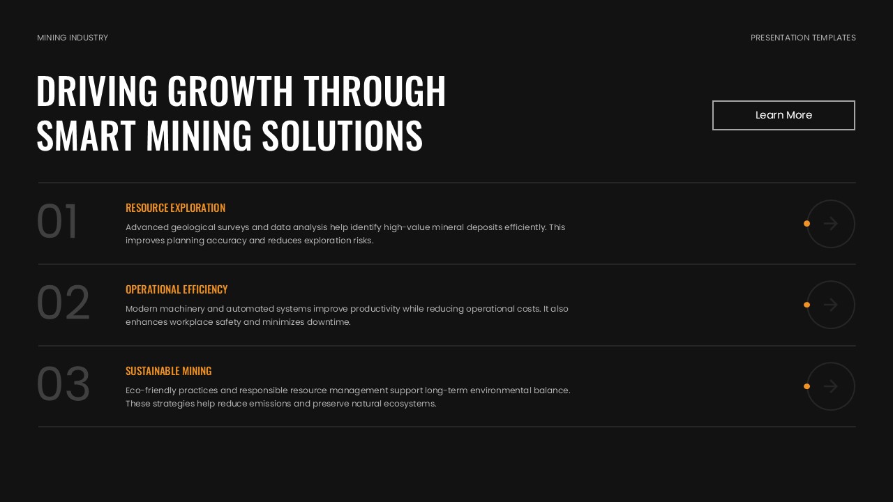 Mining Template - Smart solutions slide with three service sections