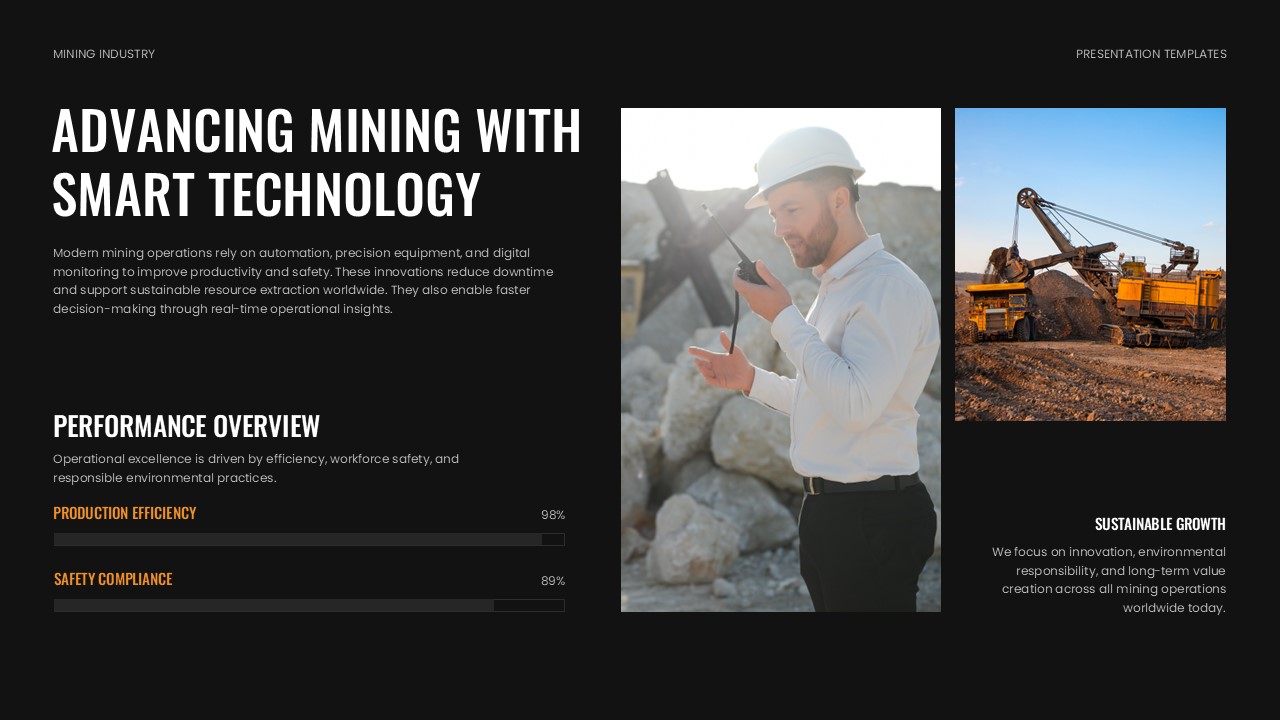 Mining Template - Technology slide with efficiency metrics