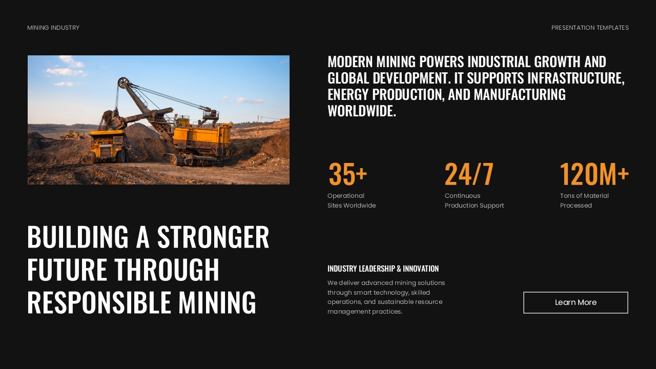 Mining Template - Statistics slide showing key performance metrics