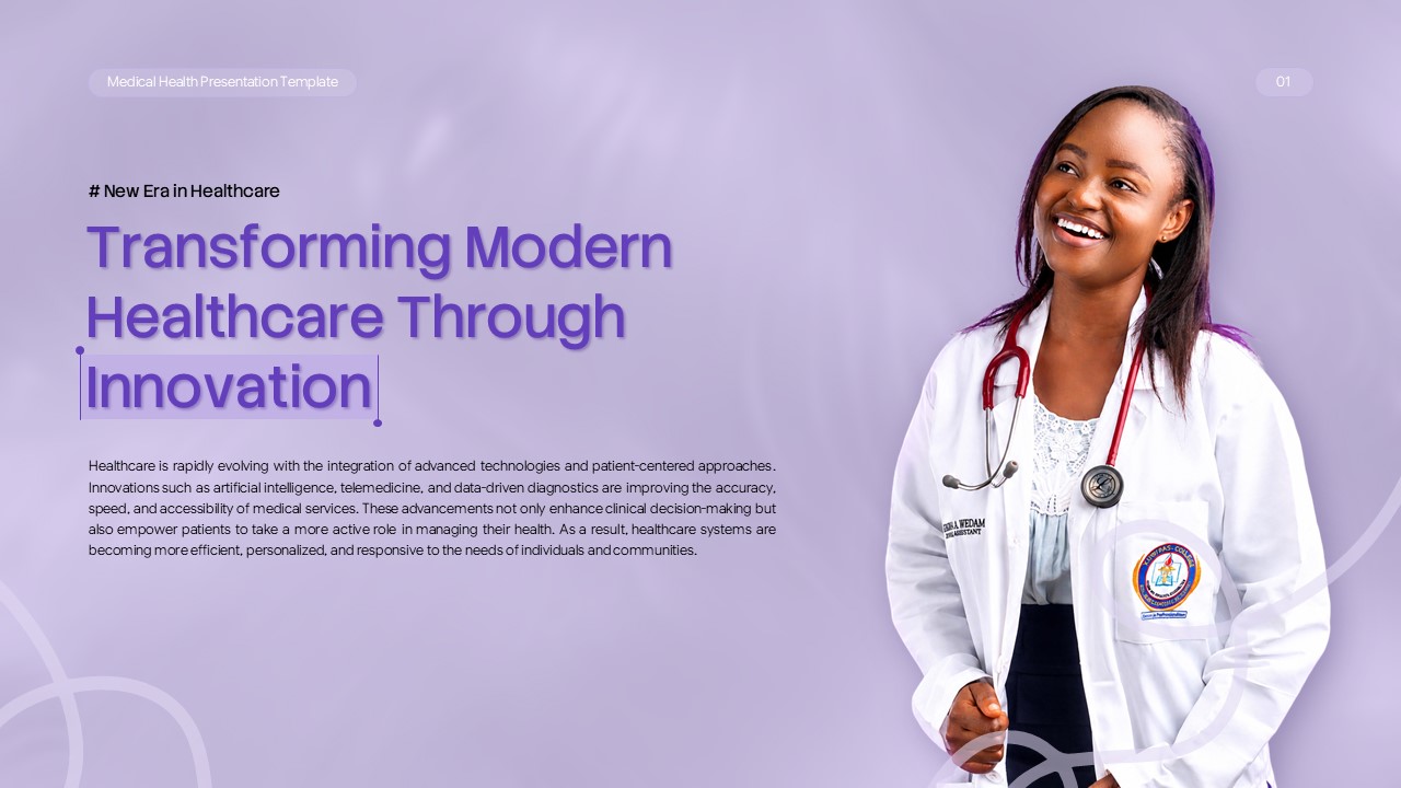 Medical Health Template - Innovation theme pairing transformation text with smiling healthcare professional portrait