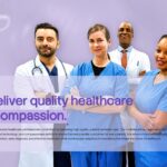 Medical Health Template - Diverse medical team of five professionals showcasing compassionate healthcare delivery