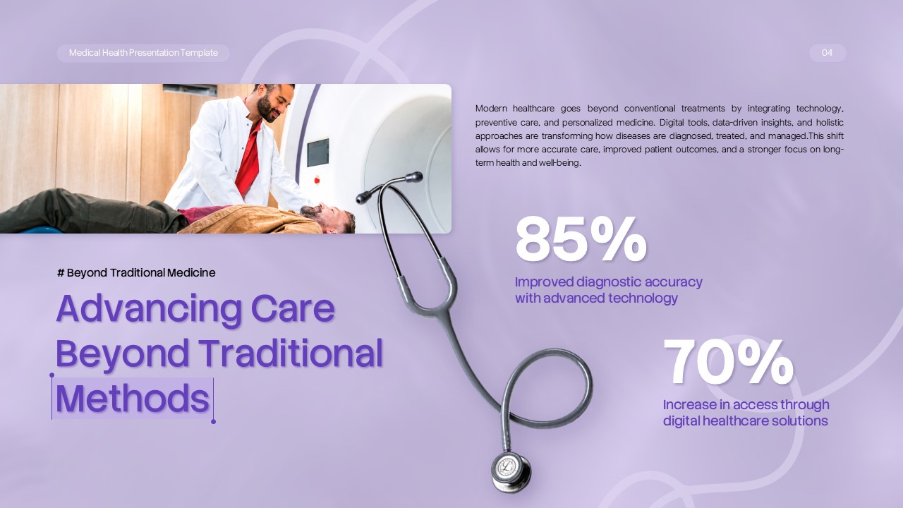 Medical Health Template - Doctor-patient consultation paired with 85% and 70% healthcare improvement statistics