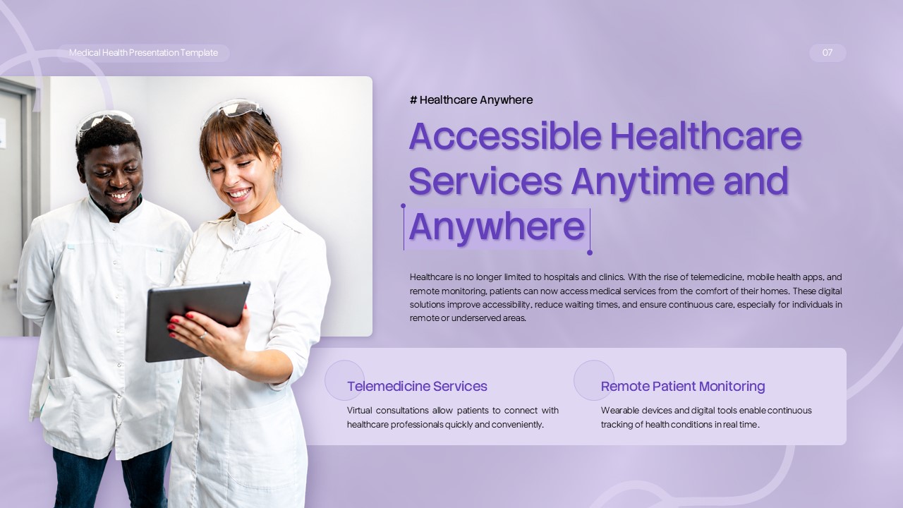 Medical Health Template - Healthcare professionals with tablet highlighting accessible telemedicine services anywhere