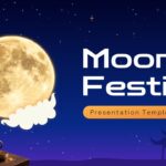 Moon Festival Presentation - Golden full moon rises over traditional lanterns and tea setting with floating sky lanterns