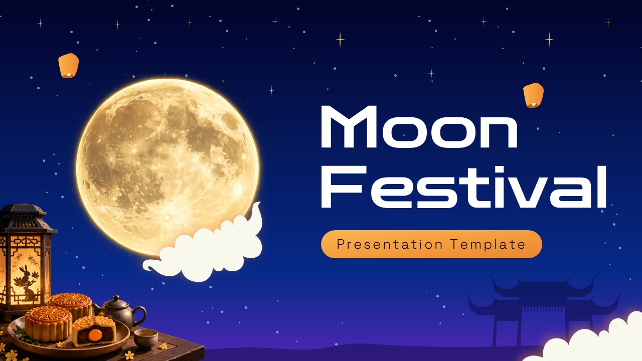 Moon Festival Presentation - Golden full moon rises over traditional lanterns and tea setting with floating sky lanterns
