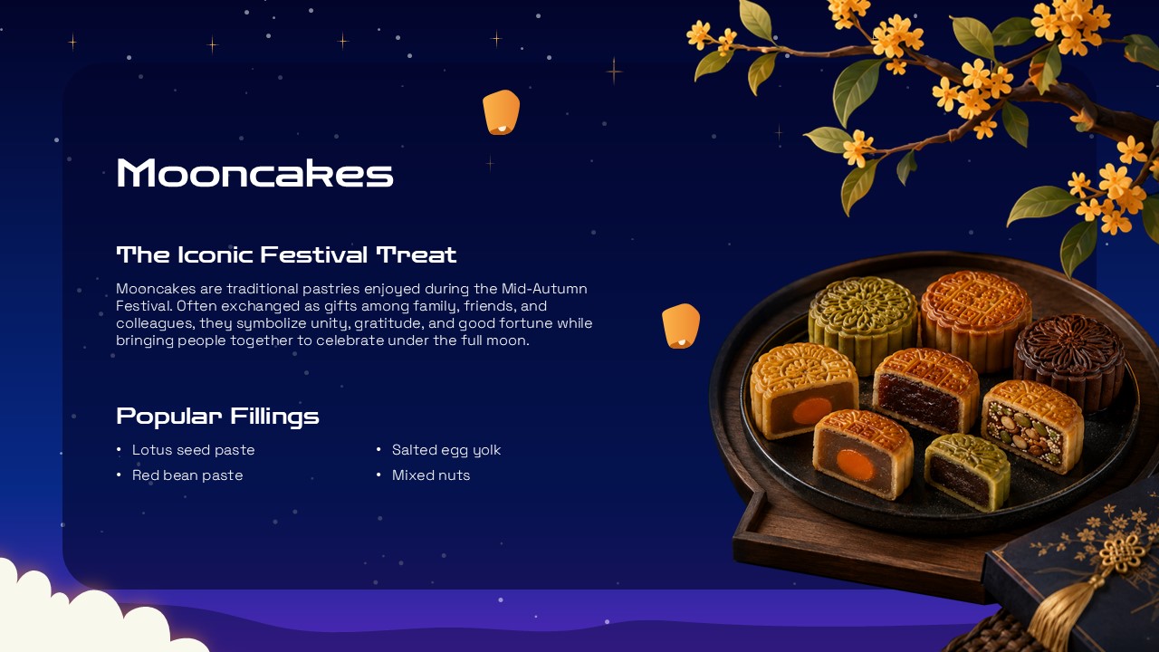 Moon Festival Mooncakes - Ornate traditional pastries displayed on wooden plate with flowering branch decorations