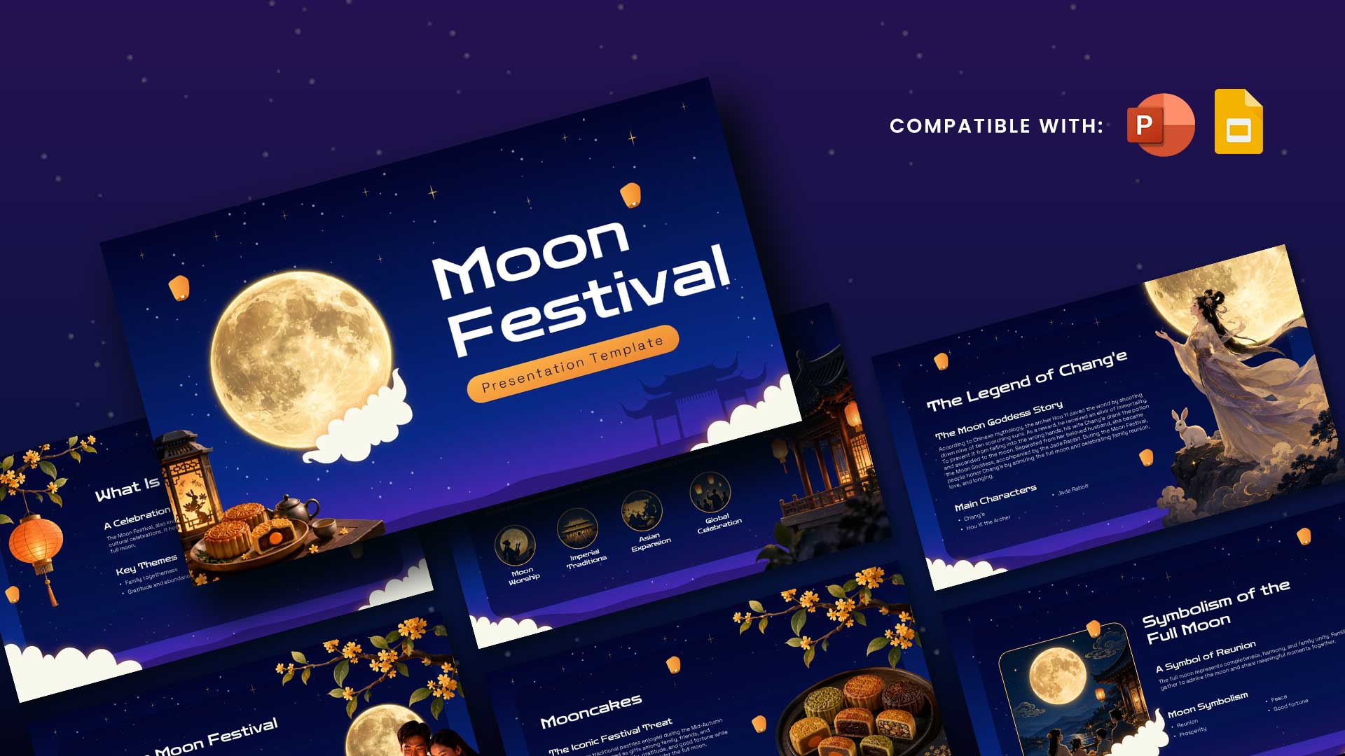 Moon Festival Template - Starry night showcase displaying multiple slides with floating lanterns and celestial themes