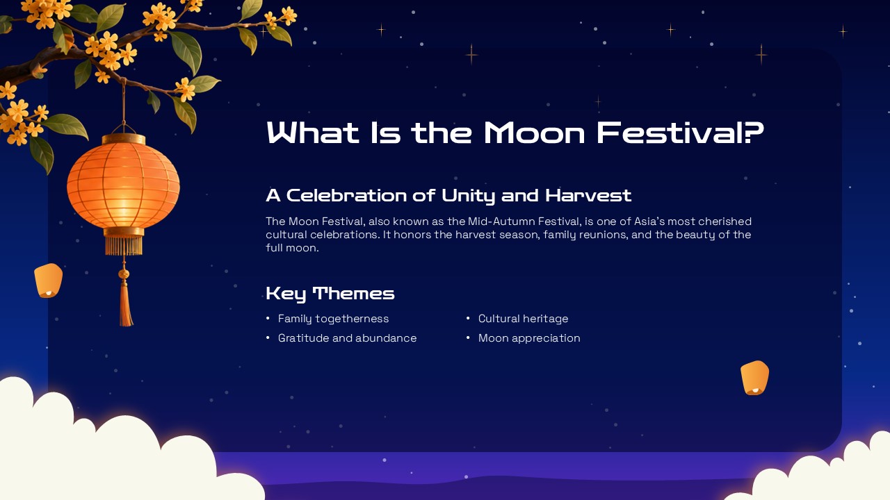 Moon Festival Celebration - Orange flowering branches frame content about unity themes and cultural heritage traditions