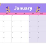 Monthly Calendar Template - Vibrant January 2027 planner with purple header, pink day labels, and a side notes panel