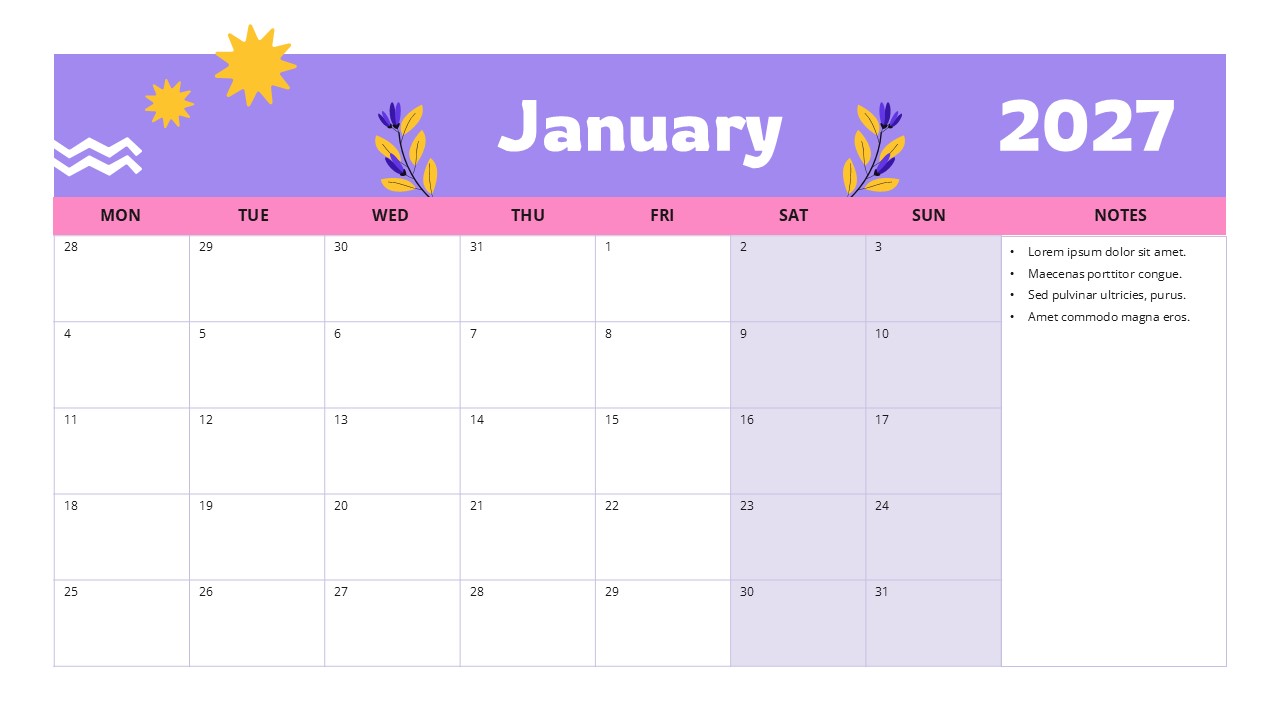 Monthly Calendar Template - Vibrant January 2027 planner with purple header, pink day labels, and a side notes panel