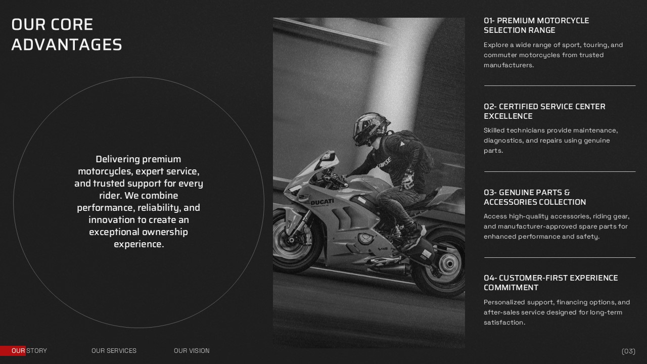 Motorcycle Shop Business Plan - business model slide with bold red vertical divider and three revenue pillars