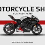 Motorcycle Shop Business Plan - about us slide with showroom photo, mission text, and five service categories