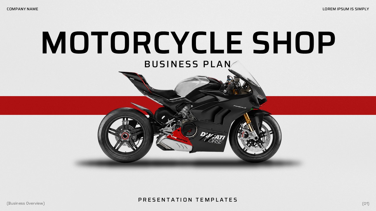 Motorcycle Shop Business Plan - about us slide with showroom photo, mission text, and five service categories
