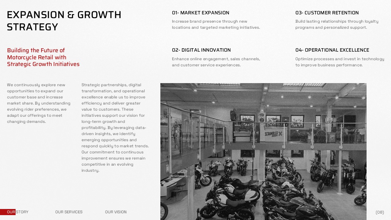 Motorcycle Shop Business Plan - vision slide with three numbered commitments and helmeted rider portrait
