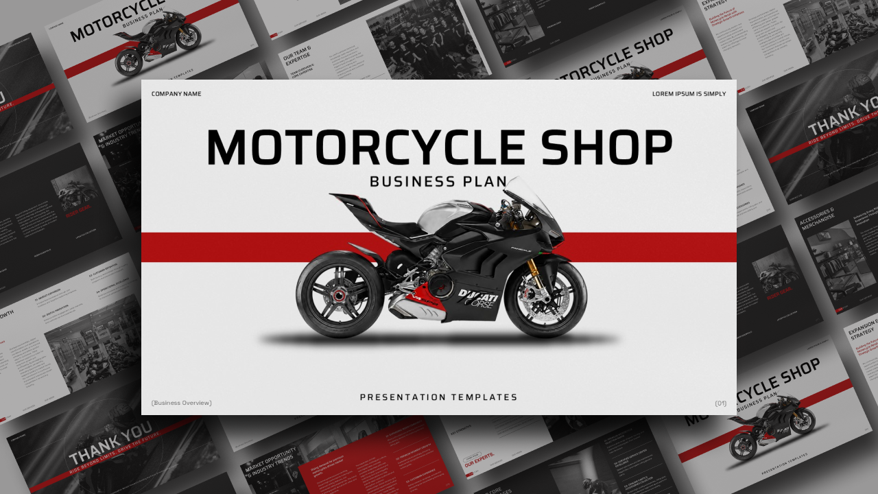 Motorcycle Shop Business Plan Template - cover slide with Ducati hero image and bold red horizontal stripe
