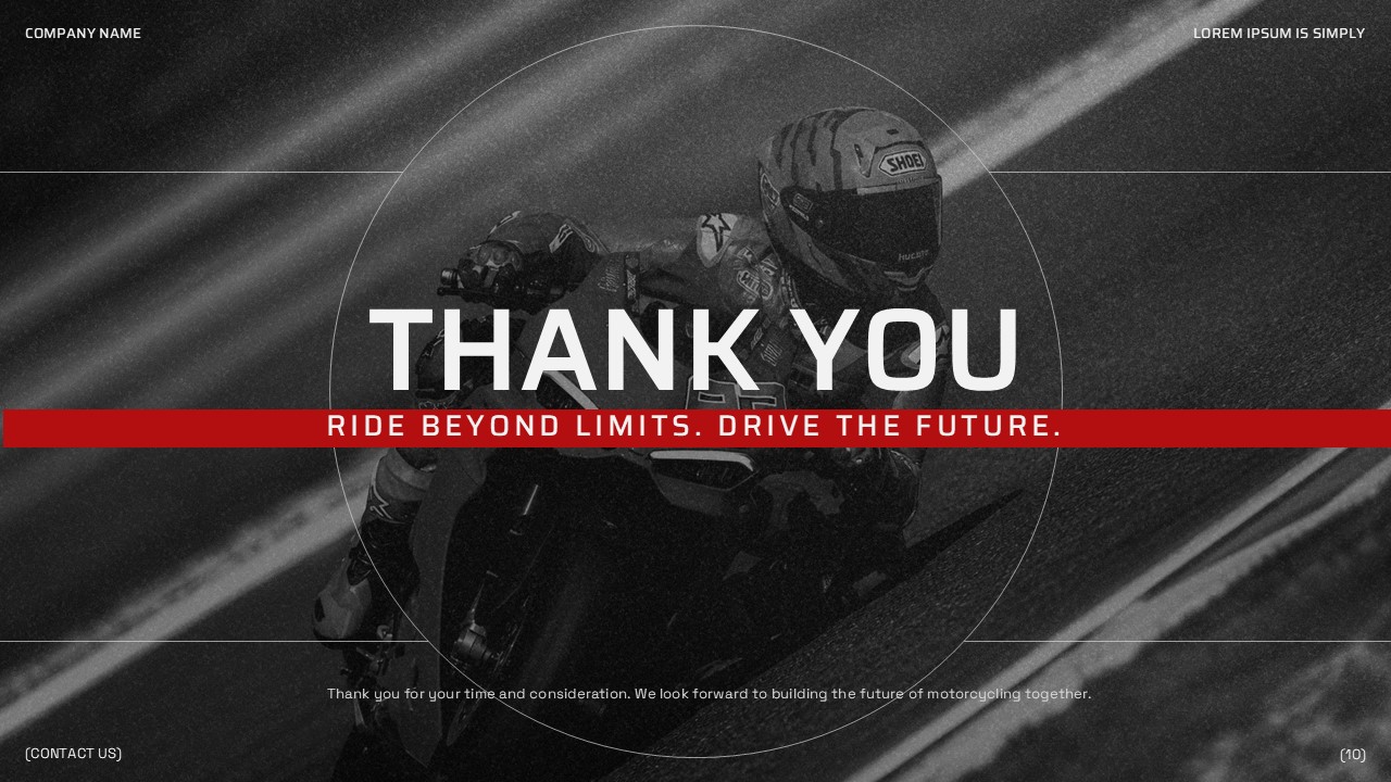Motorcycle Shop Business Plan - thank you slide with aerial Ducati race photo, red stripe, and contact placeholder