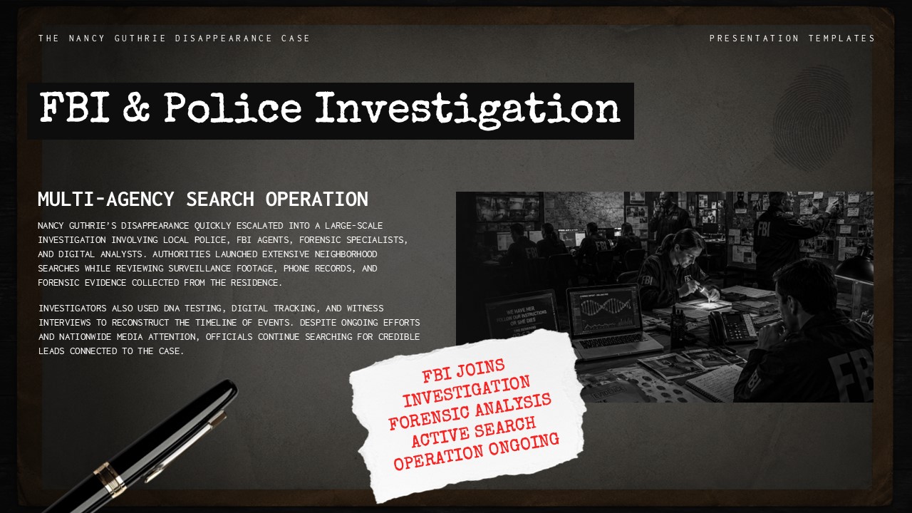 Nancy Guthrie Case Template - FBI investigation slide with computer analysis photo and operation details