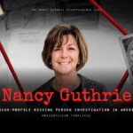 Nancy Guthrie Case Template - introductory slide with portrait, investigation background, red title text
