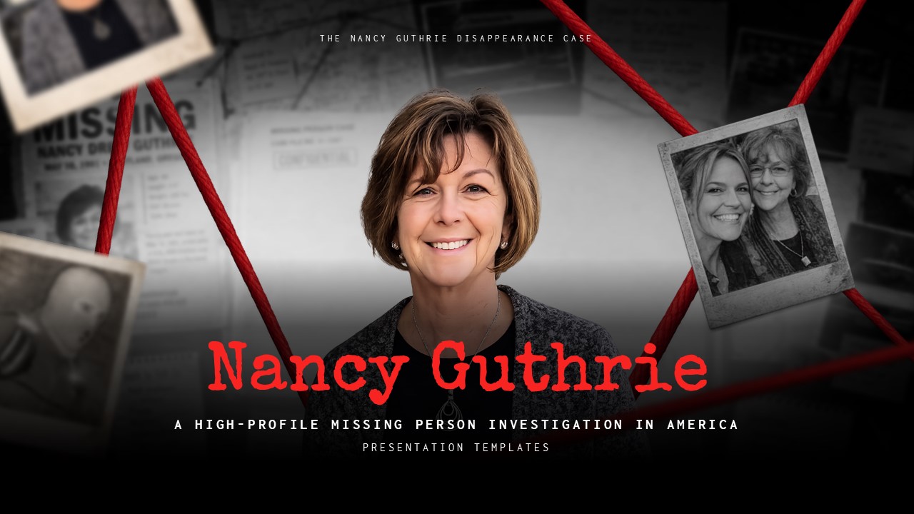 Nancy Guthrie Case Template - introductory slide with portrait, investigation background, red title text
