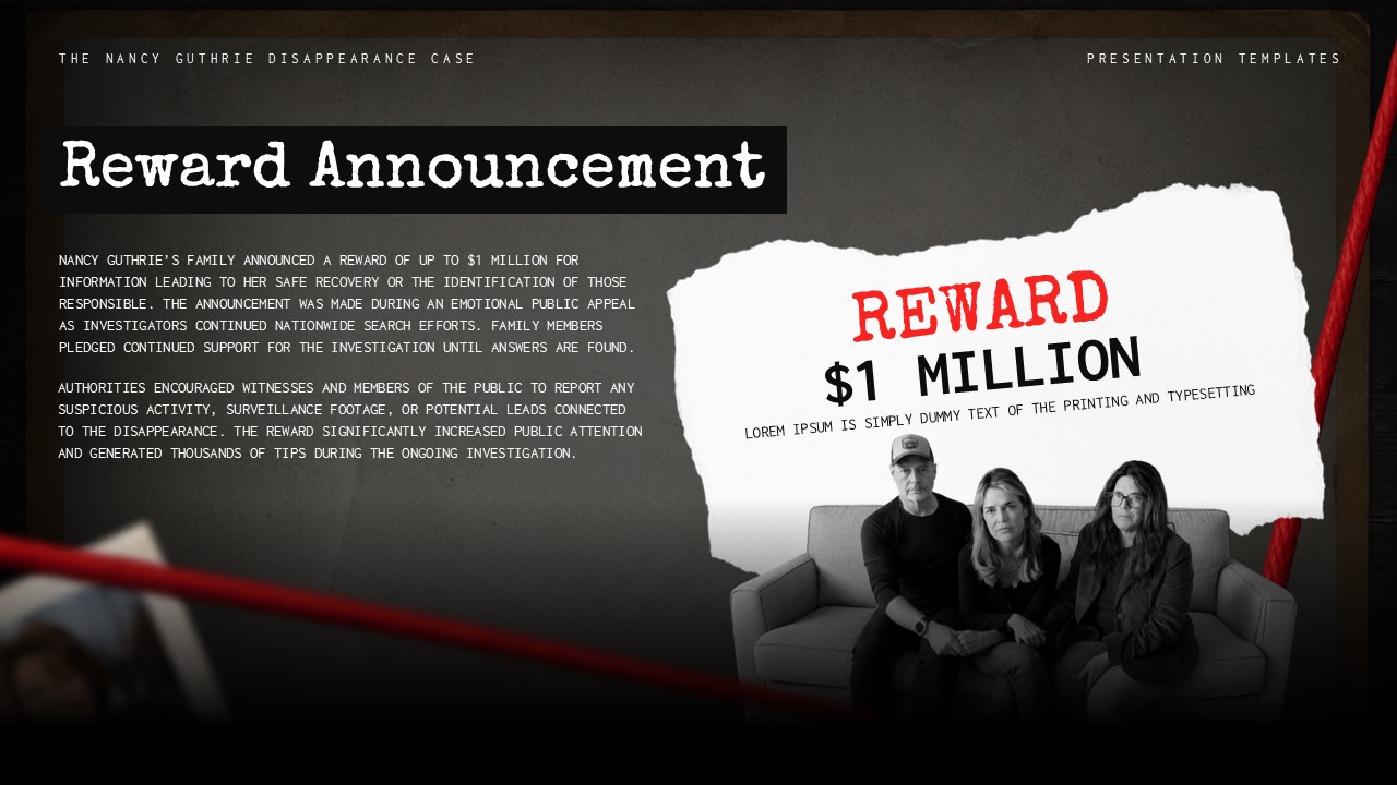 Nancy Guthrie Case Template - reward slide with family photo and $1 million announcement text