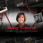 Nancy Guthrie Case Template - dramatic cover slide with portrait, investigation boards, red crime scene tape