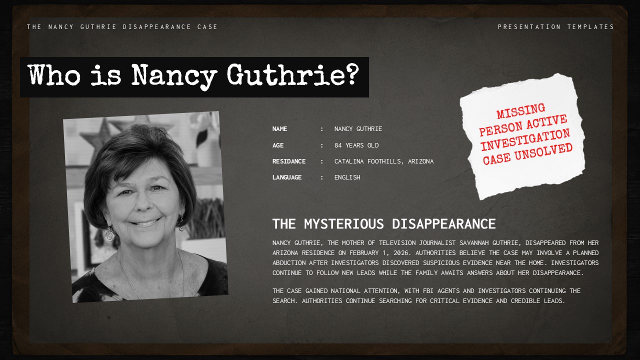 Nancy Guthrie Case Template - information slide with portrait, personal details, missing person stamp