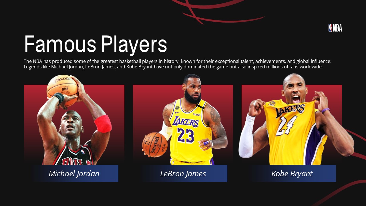 NBA Template - Famous players slide featuring Michael Jordan LeBron James and Kobe Bryant legends