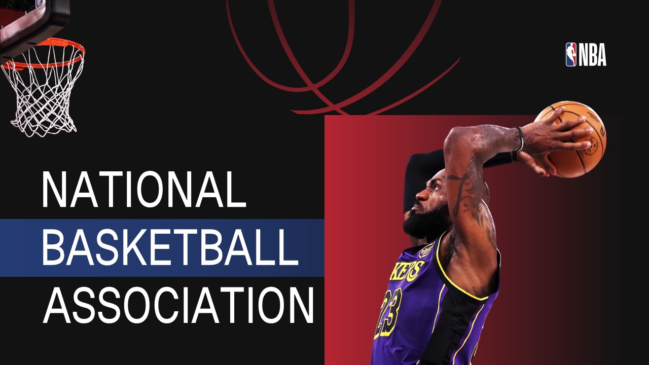 NBA PowerPoint Template - Title slide featuring National Basketball Association with Lakers player dunking