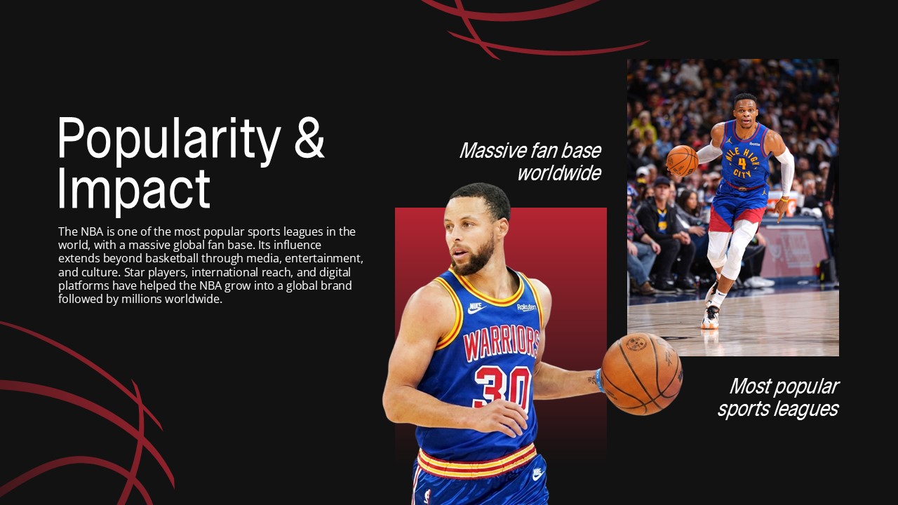 NBA Google Slides Template - Popularity and global impact slide with worldwide fan base statistics
