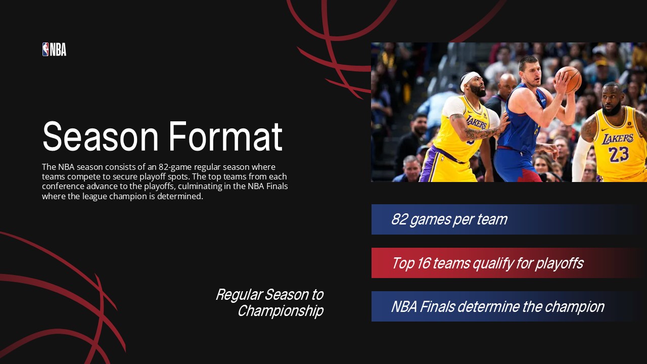 NBA Slides Template - Season format slide explaining 82 games regular season and championship path