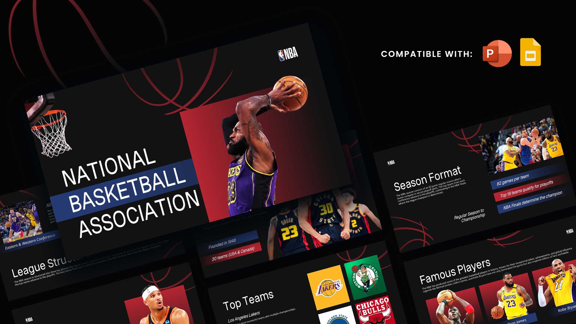 NBA Google Slides Template - Overview of presentation template with basketball court graphics and team logos