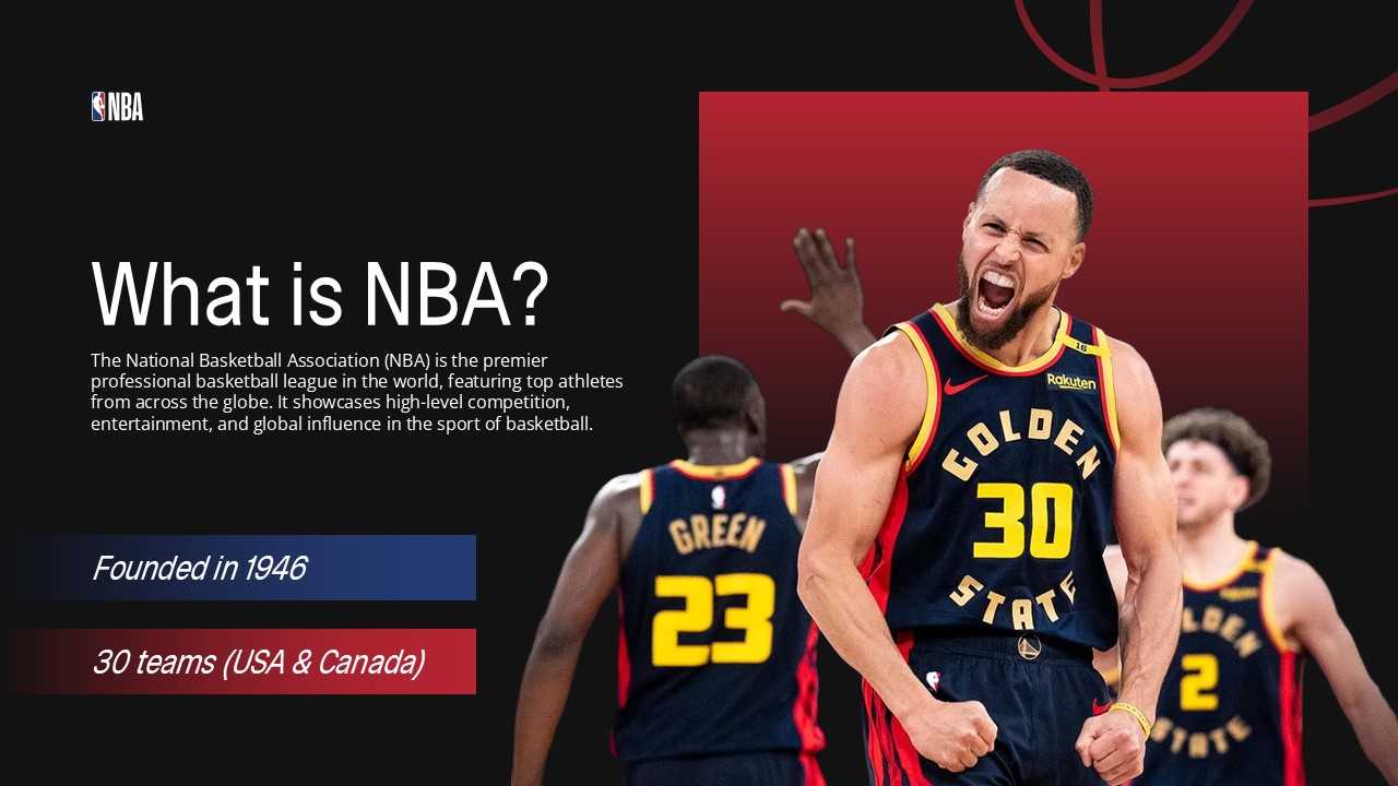 NBA Template - What is NBA overview slide with Warriors player celebration and founded 1946 facts